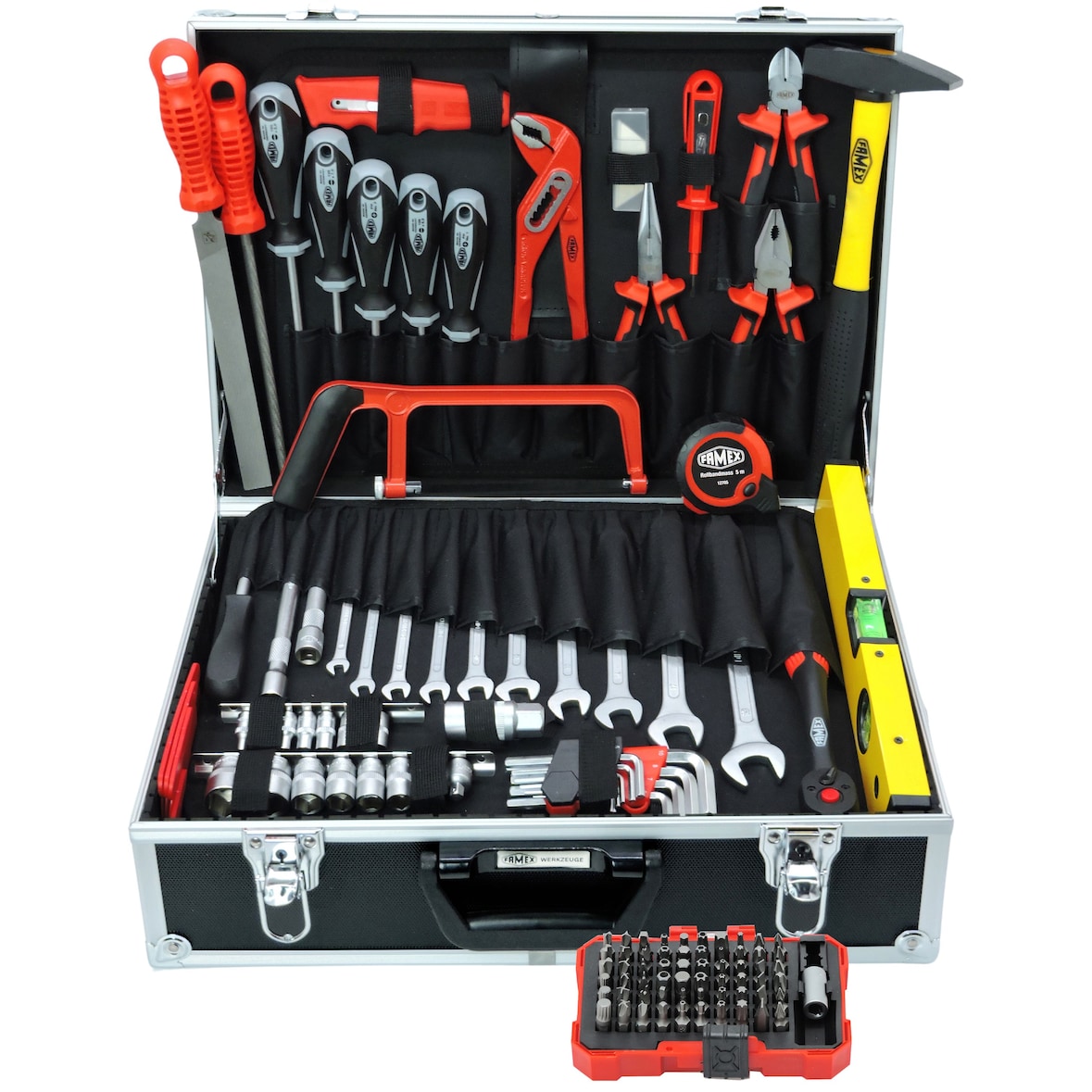 FAMEX 745-48 Alu Werkzeugkoffer gefüllt mit Werkzeug – Werkzeugkasten bestückt - 164-tlg