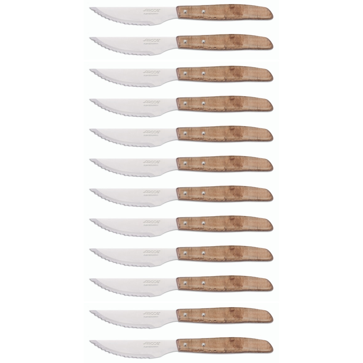 Arcos Cuchillos Chuleteros, Hoja Serrada de Acero Inoxidable NITRUM de 110 mm, Mango Madera comprimida, Juego de 12, Color Marrón