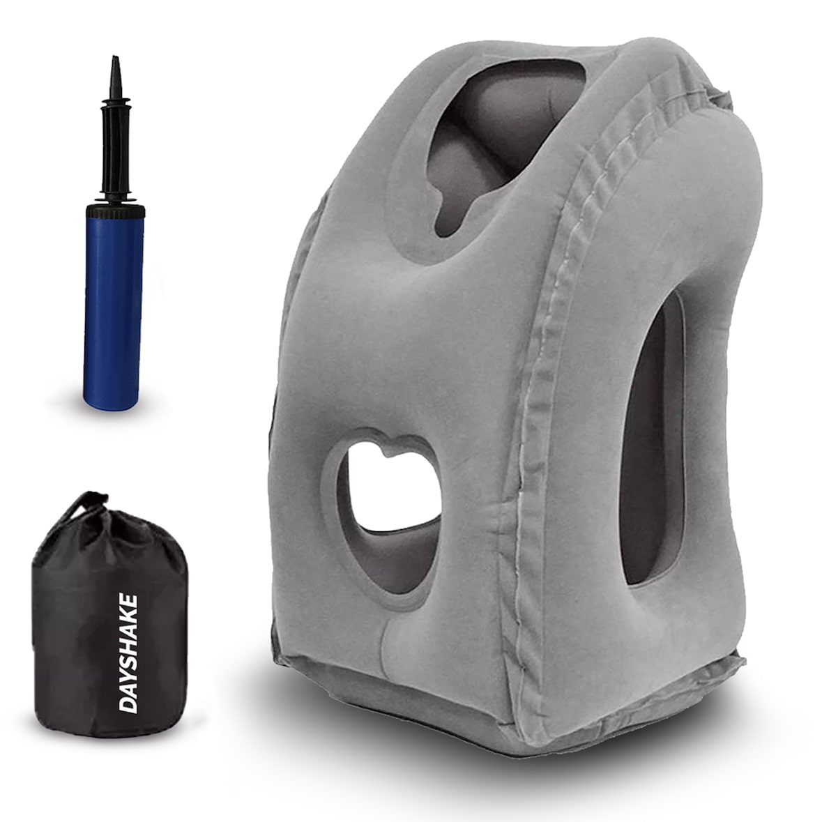 Dayshake Aufblasbares Reisekissen – Multifunktionales Nackenkissen – Inkl. Handpumpe und Aufbewahrungstasche – Für Flugzeug, Zug und Auto