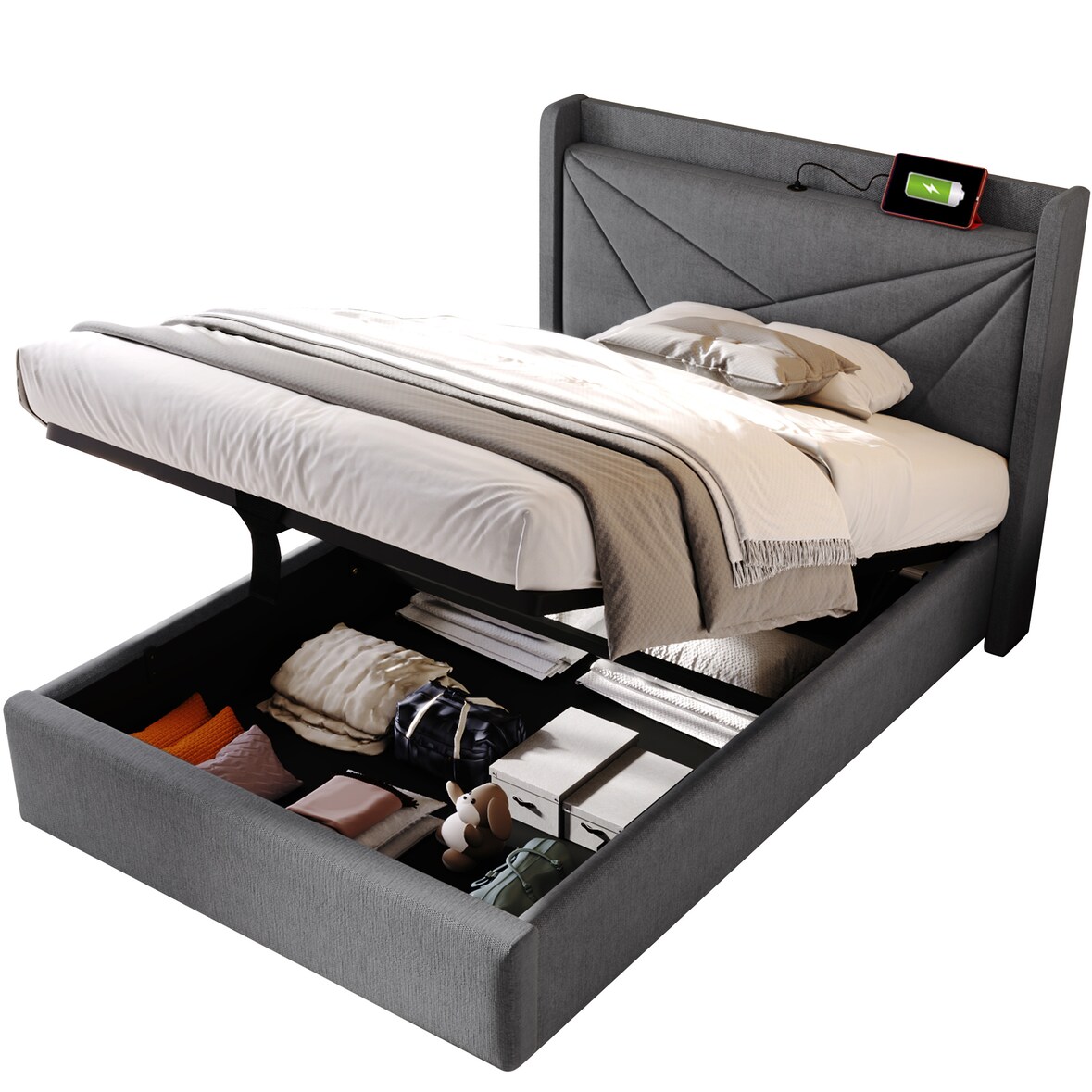 Einzelbett Stauraumbett Bettgestell 90x200 mit USB TypC Ladefunktion Kopfteil Stauraum Eisenrahmen Massivholzlatten modern bequem grau