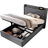 thumbnail of Einzelbett Stauraumbett Bettgestell 90x200 mit USB TypC Ladefunktion Kopfteil Stauraum Eisenrahmen Massivholzlatten modern bequem grau