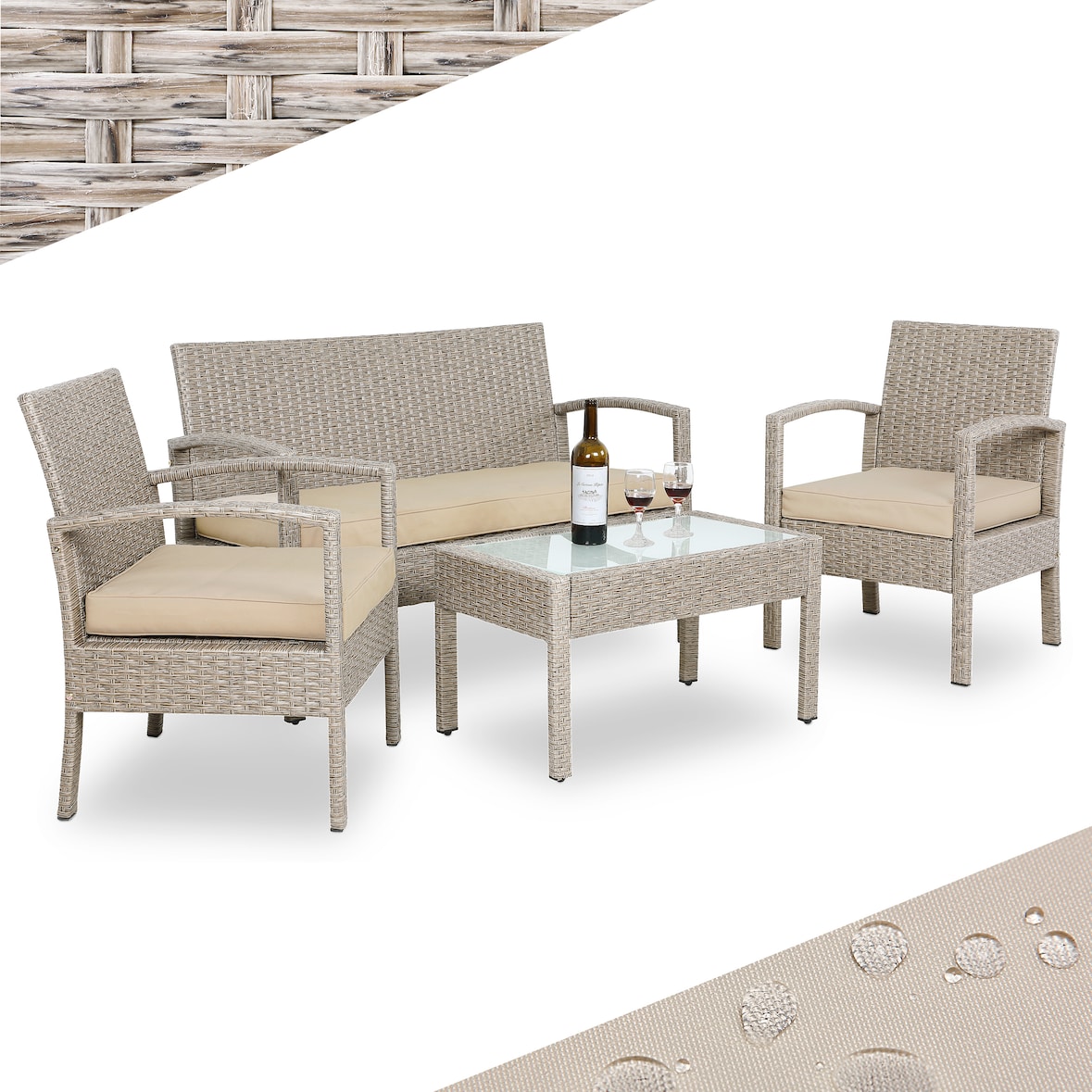 CASARIA® Balkonmöbel Set Wetterfest 4 Personen Creme