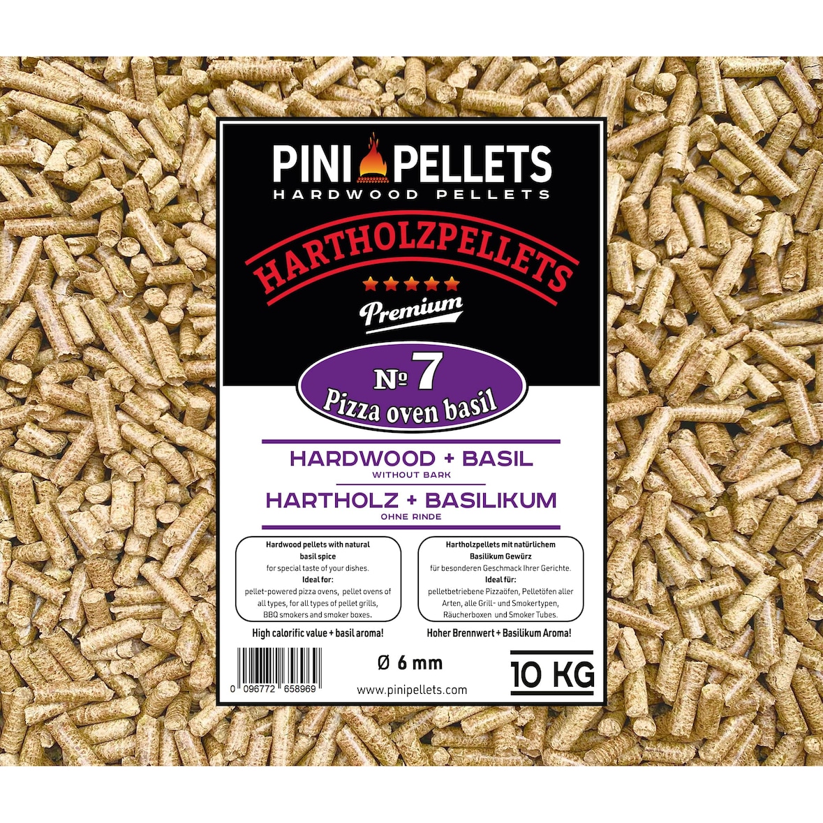 PINI Hartholzpellets Nr. 7 BBQ Pizza Oven Basilikum 10 Kg Grillpellets zum Grillen Räuchern Smoken