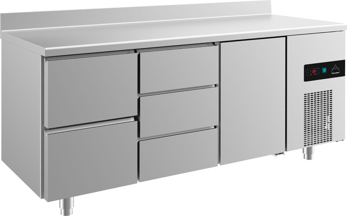 Gastro Kühltisch 1 Tür rechts 2/3 Schubladen links&mittig Umluftkühlung Aufkantung, 1865x700x850mm -2/+8°C  474L