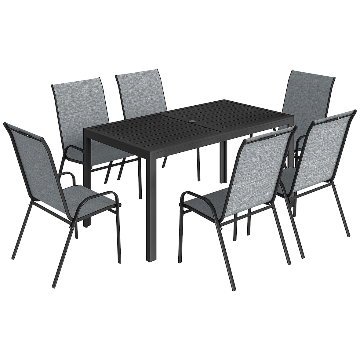 Garten-Set bestehend aus einem Metalltisch mit Loch und 6 stapelbaren, luftdurchlässigen Stühlen für die Terrasse, grau