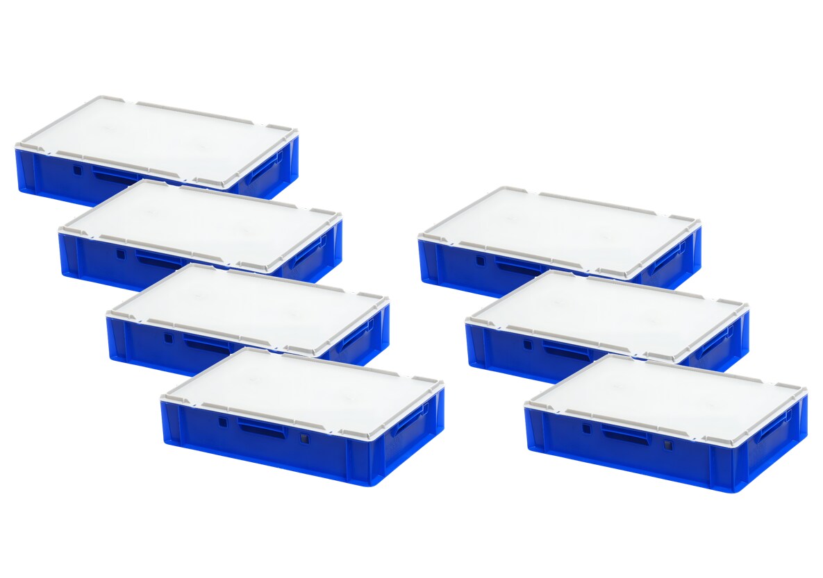 Logiplast 7 Stück blaue E1 Kisten 600x400x125 mm Fleischkasten Lagerkiste Metzgerkiste mit 7 grauen Deckeln