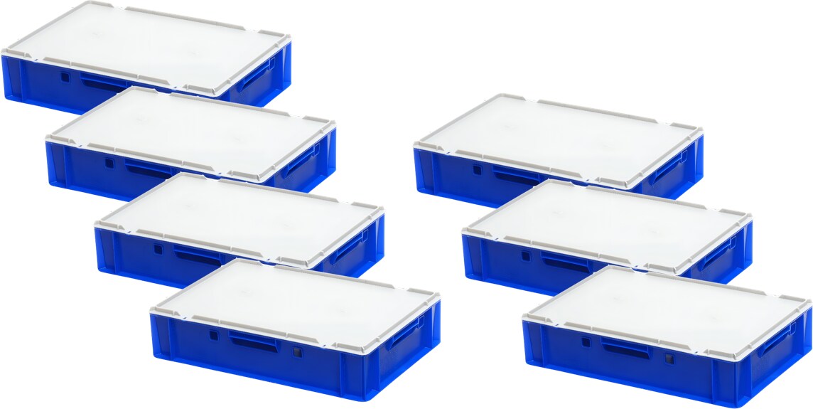 7 Stück blaue E1 Kisten 600x400x125 mm Fleischkasten Lagerkiste Metzgerkiste mit 7 grauen Deckeln