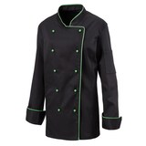 thumbnail of 219 - Damenkochjacke langarm, taillert, Fb. schwarz, mit farbiger Paspel : lemon green 65% Polyester 35%Baumwolle 220 g/m² XL