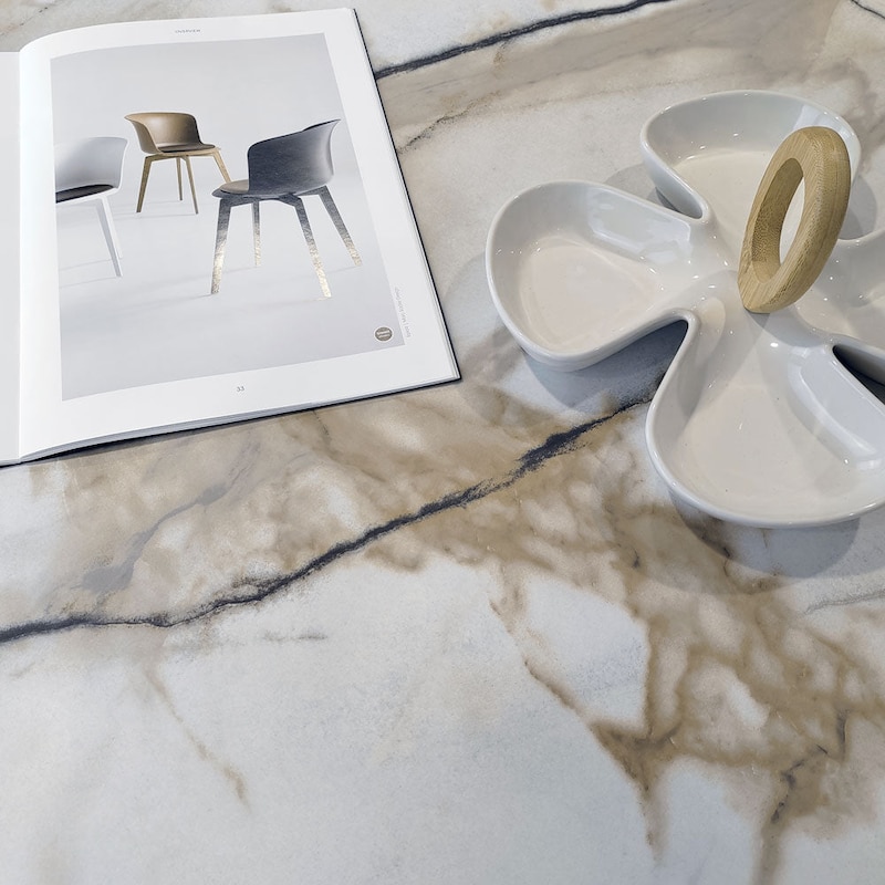 Restootab - Mesa alta Round blanca 60x60cm diseño mármol calcuta | Makro