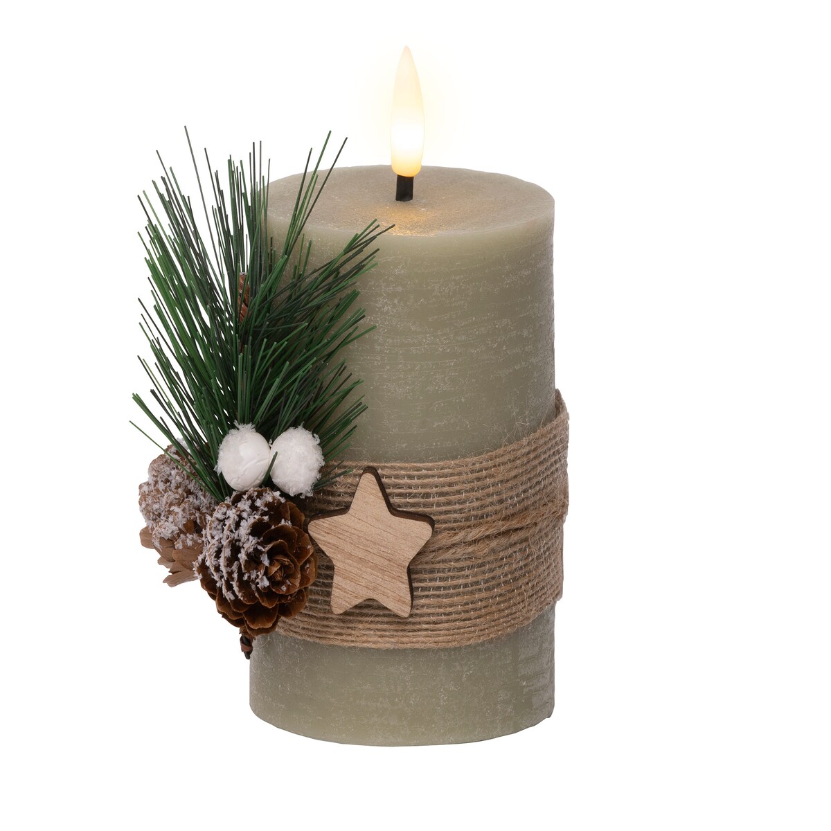 Lumineo LED Kerze mit Timer 7,5x13cm Wachs flackernde Flamme Echtwachskerze Adventskerze batteriebetrieben Weihnachtskerze Rustik Grün Warmweiß