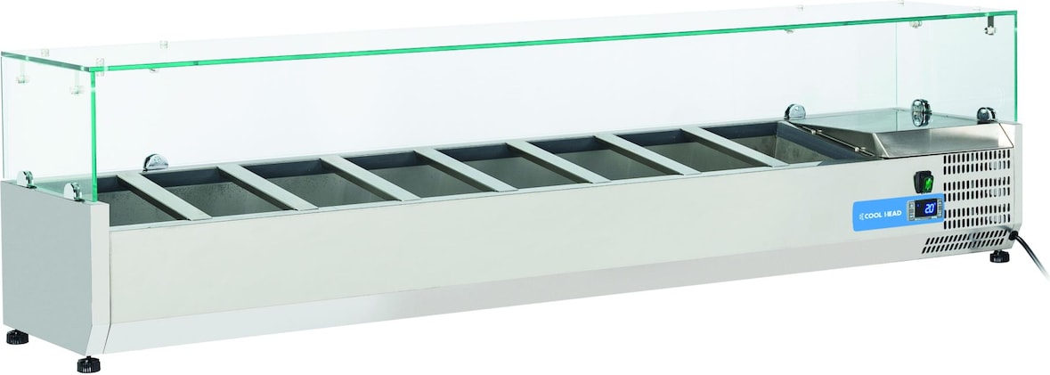 Edelstahl-Kühlvitrine für 8 GN1/4 Tabletts. Abmessungen 180x33.5x44h cm. Temperatur +2°C/+8°C. Kühlkopf VRX 18/33