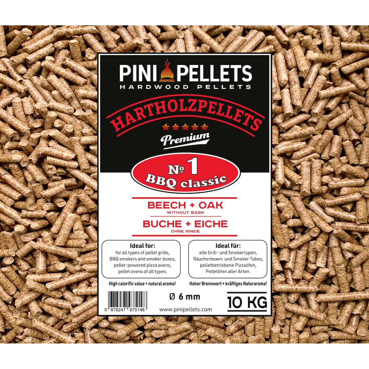 10 kg Hardhout pellets PINI No. 1 BBQ Classic grillpellets voor grillen, roken, ook voor pizzaovens met pelletbediening