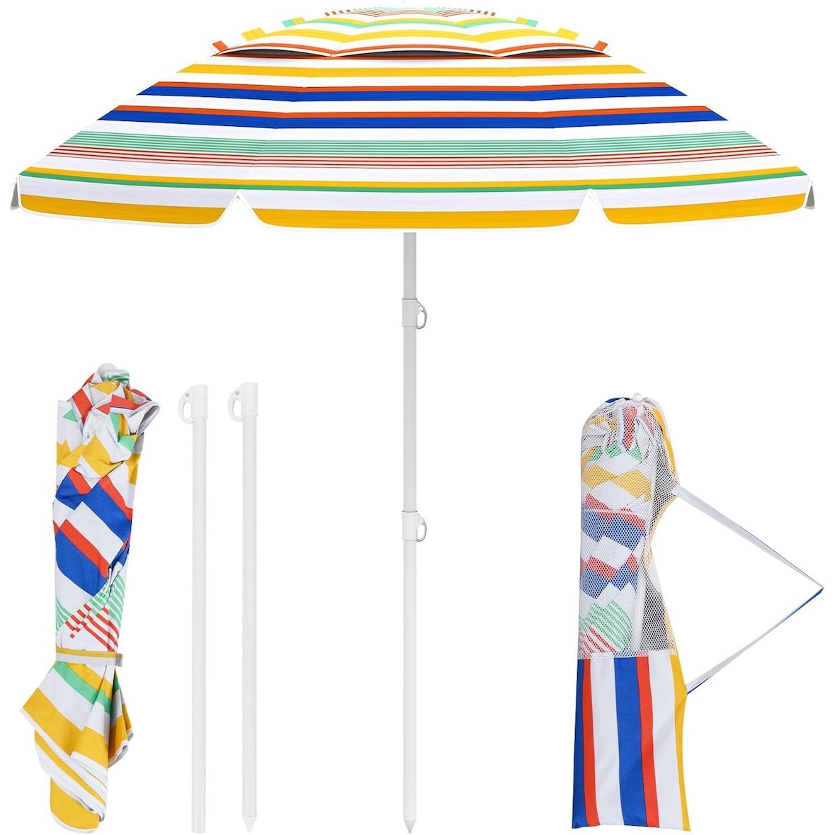 COSTWAY Strandschirm, windfest, stabil, UPF 50+, um 30° biegbar, mit Erdspieß
