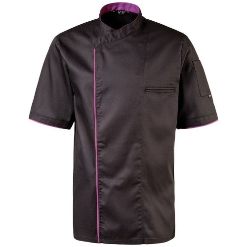 224 - Kochjacke halbarm, Druckknöpfe, Fb. schwarz mit farbiger Paspel : purple 65% Polyester 35%Baumwolle 220 g/m² XS