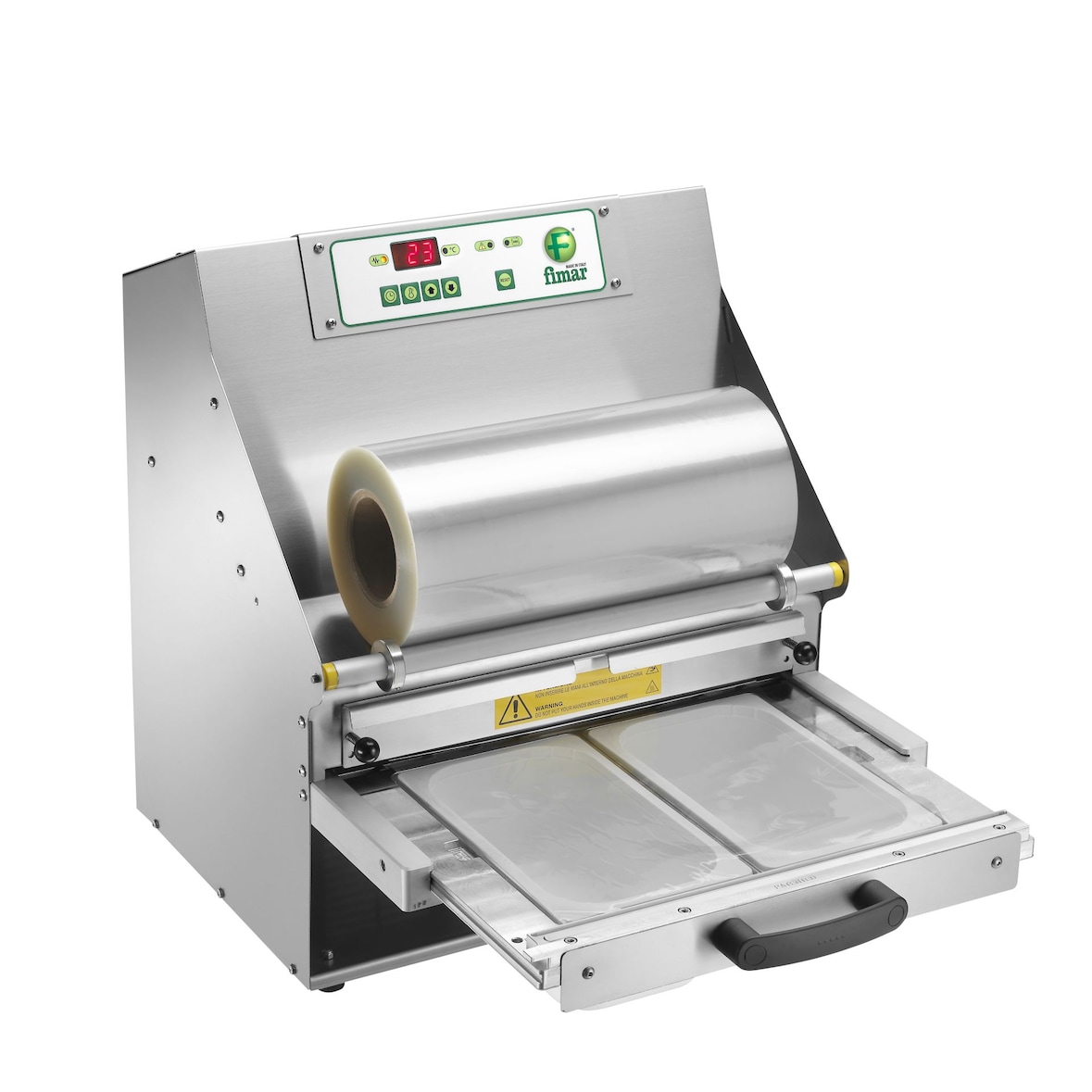 Termosigillatrice Automatica 6-8 cicli minuto. 4 impronte 180x135 mm. Potenza 2HP. Bobina 380 mm. Misure cm 46x51x55,5(h). FIMAR modello TS3A-S4