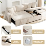 thumbnail of Ecksofa L-Form 3-4-Sitzer ausziehbar mit Stauraum, Schlafsofa Couch Chenille Sofa Wohnzimmer USB-Ladeanschluss 209x130x84 Beige