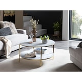 thumbnail of SalesFever Table basse ronde|avec 2 étagères|Plaque de verre revêtue d'une feuille d'aluminium aspect marbre|Cadre en métal|L80xP80xH45cm|or blanc