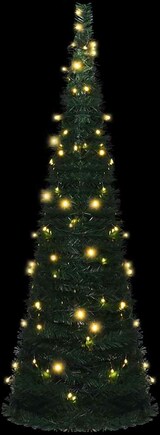 Ein aufklappbarer Weihnachtsbaum mit Lichtern.