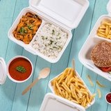 thumbnail of BIOZOYG 50 Stück Menübox 25 x 16,5 x 6,1 cm 2-geteilte, weiße Menüboxen aus Zuckerrohr, Bagasse, mit Klappdeckel Menüschachteln, Speiseschachteln