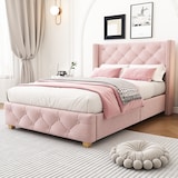 thumbnail of Luxuriöses Samt-Polsterbett 100x200 Rosa Knopf-Tufting Nietenverzierungen Verstärkte Bettbeine Modernes elegantes Design