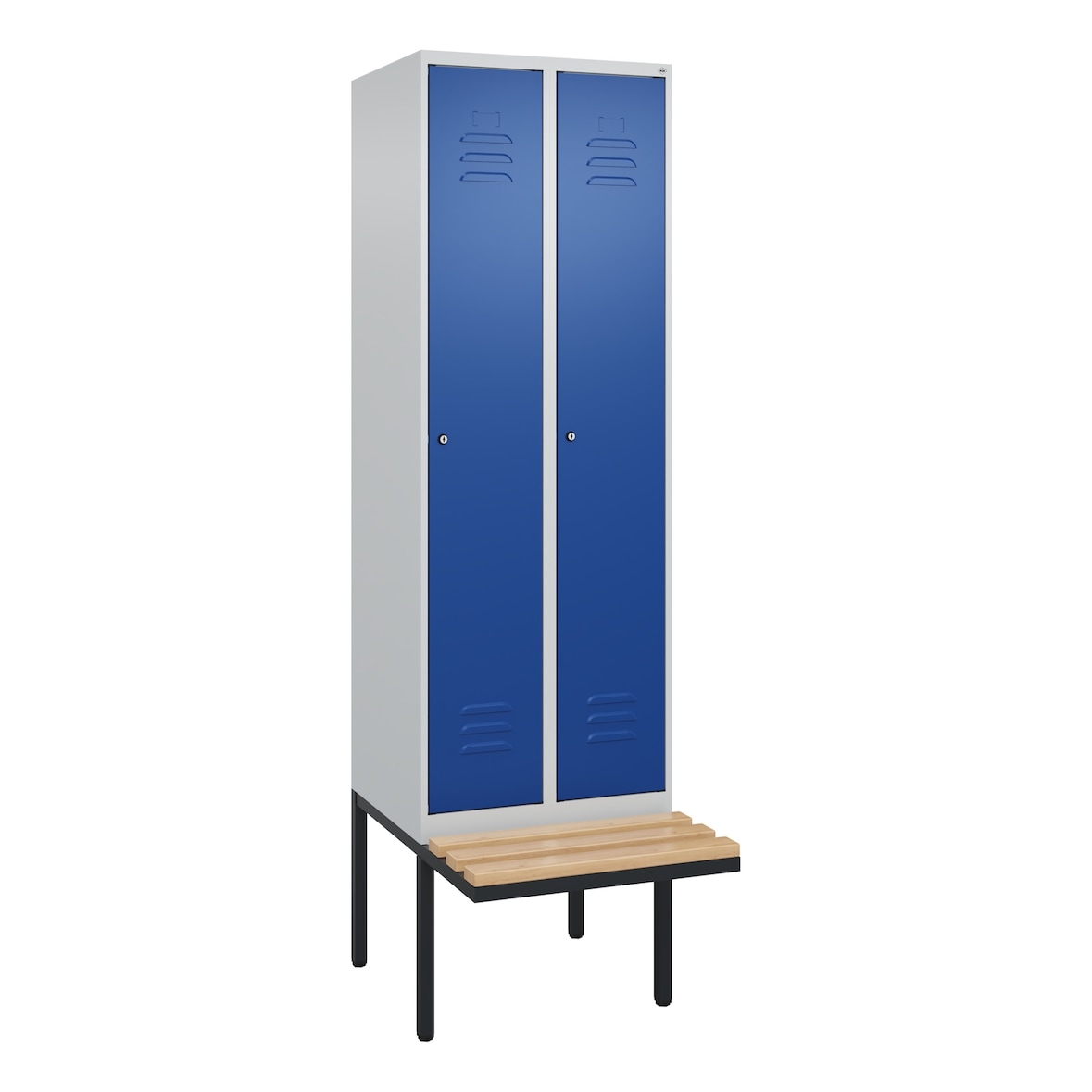 C+P Spind Classic PLUS, schwebender Sitzbank aus Buche 2 Abteile, HxBxT 212x60x82cm, Zylinderschloss, Hellgrau/Enzianblau von PROREGAL