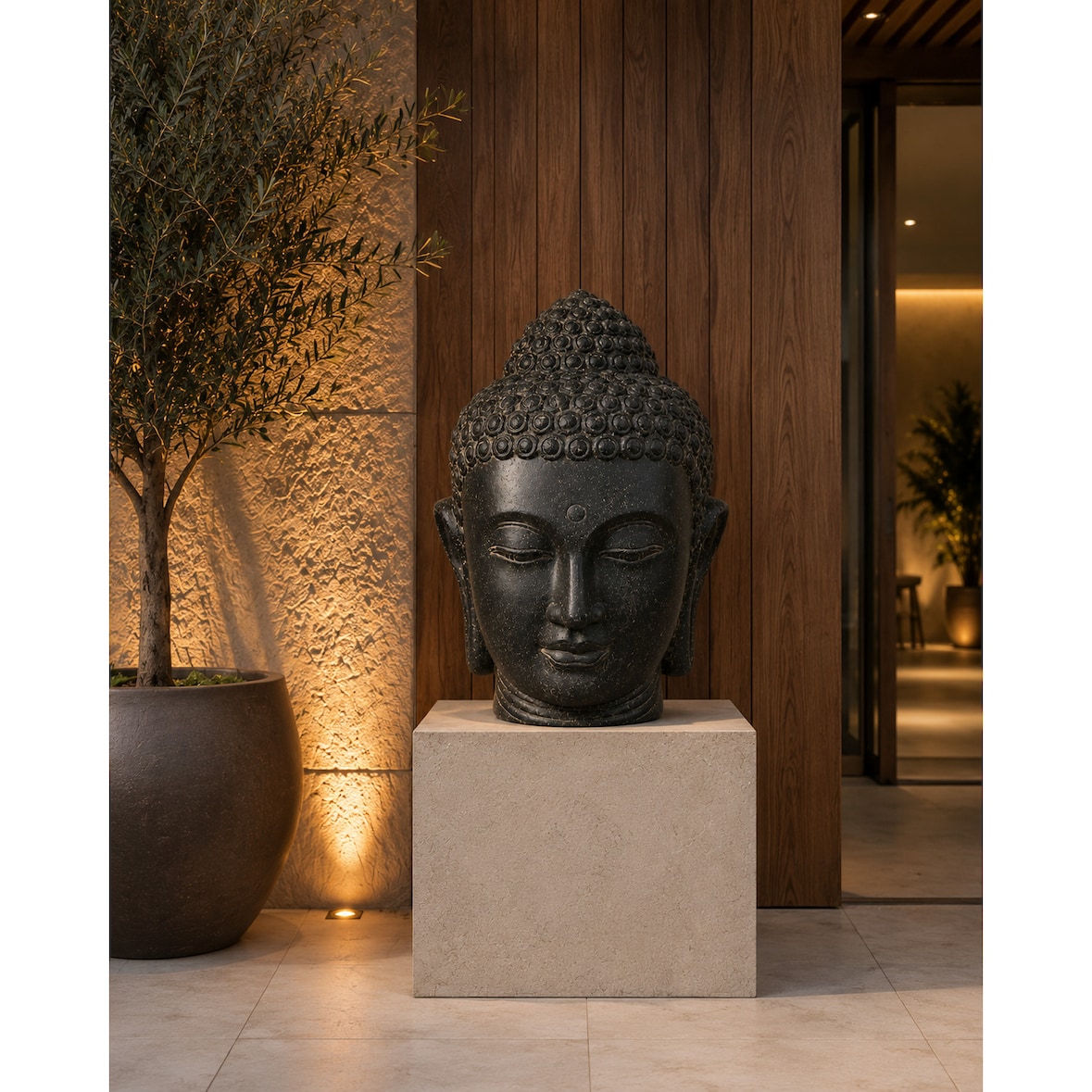 Cabeza de Buda decorativa jardín hormigón negro 50 cm figura escultura zen exterior 40 kg terraza patio