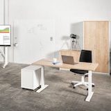 thumbnail of Mesa dupla Rocada 160x163cm regulável eletricamente em altura. Composta por dois tampos de 160x80cm de cor carvalho e estrutura branca.