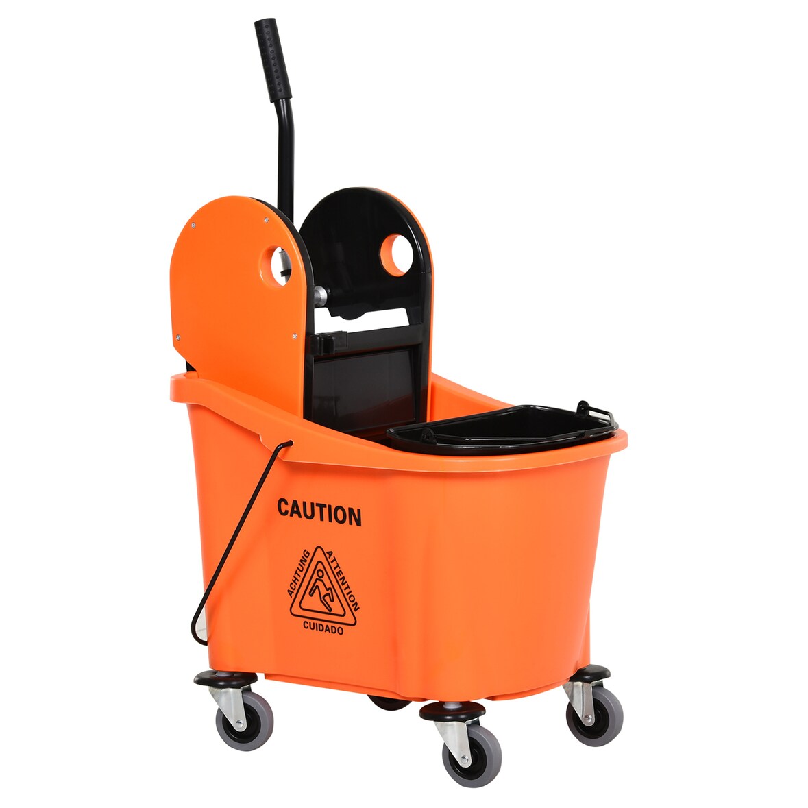 Reinigungswagen Wischeimer 54x41x92 cm 36 L mit Pressauswringer Rollen Trennsystem Moppstielhalter Metallgriff Orange
