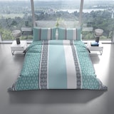 thumbnail of Bettwäsche 155x220 cm Set 100% Baumwolle Türkis Grau Weiß Streifen Rauten Design mit Reißverschluss