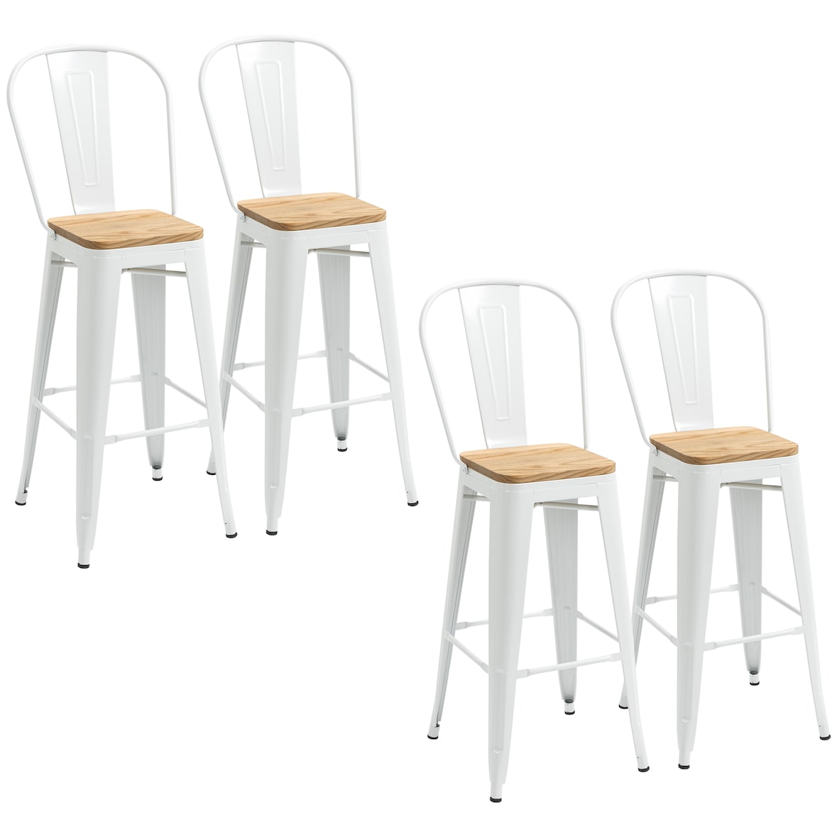 HOMCOM Conjunto de 4 Bancos Altos Empilháveis com Encosto Alto Apoio para os Pés Assento de Madeira 44x53x116 cm Branco