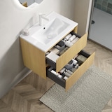 thumbnail of Badezimmer-Waschtisch 50x61x39 Keramikbecken 2 Soft-Close Schubladen Massivholz Schrank Wasserfest Badmöbel Beige+Golden Oak+Weiß