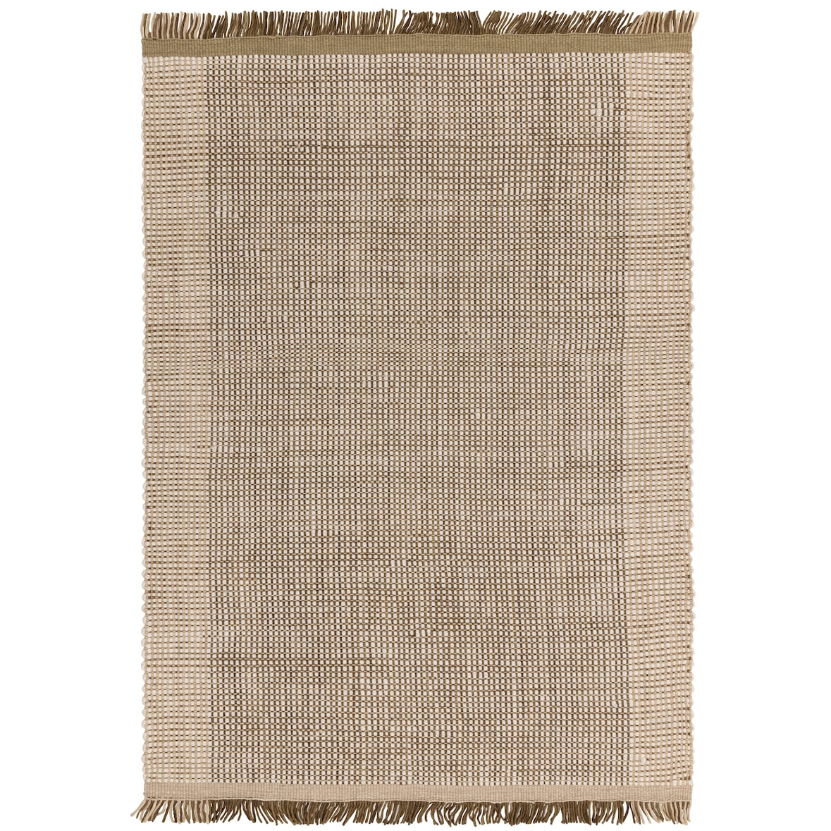 Wollteppich Handgewebt Korbmuster | 160x230cm, 4mm Florhöhe, 14mm Gesamthöhe | Olivgrün | Mit Fransen | Schalldämpfend | PISA Kollektion Kadima Design
