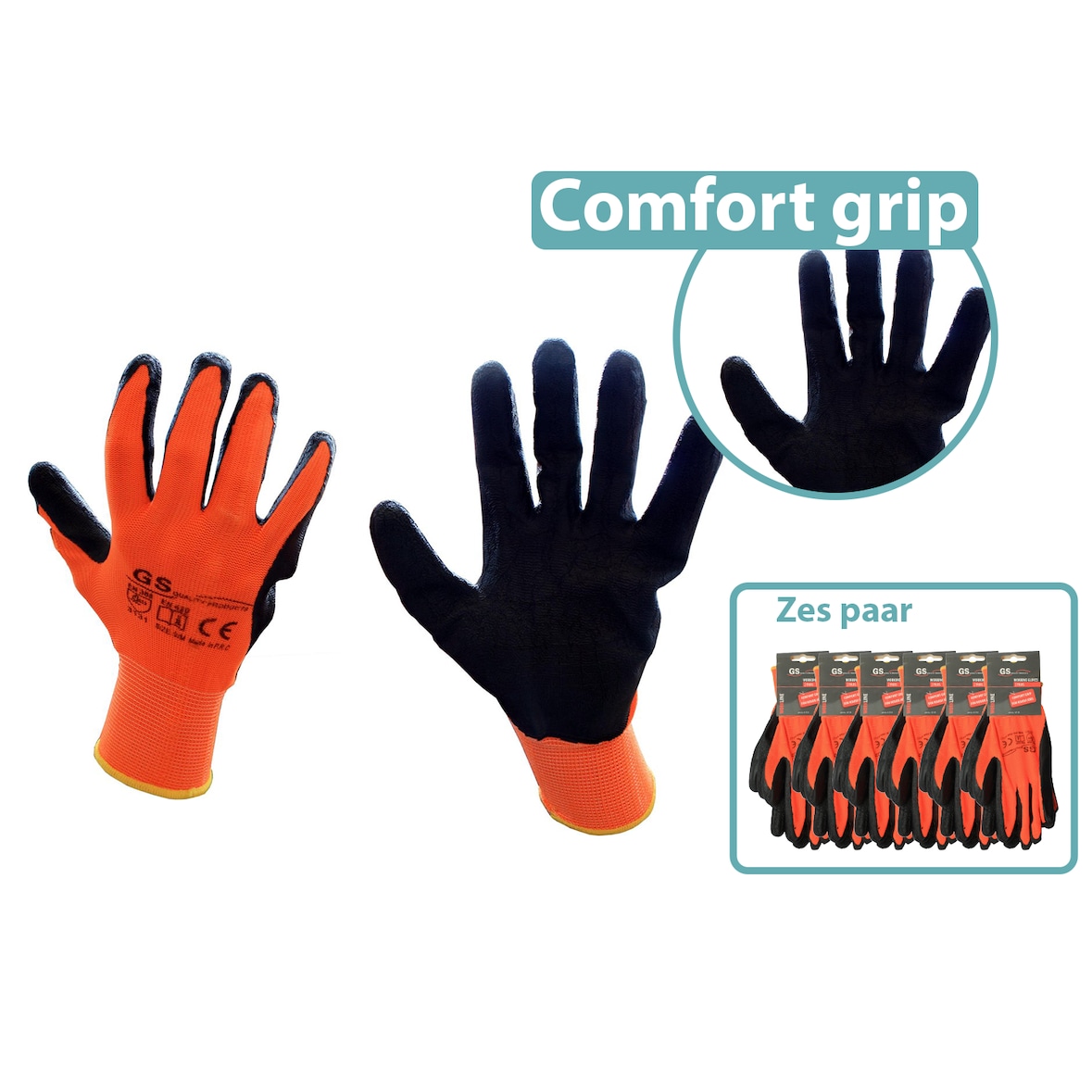 6x GS Werkhandschoenen - Oranje / Zwart