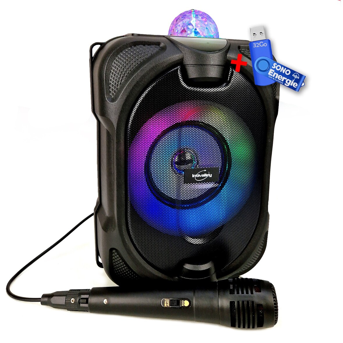 Mini-enceinte Bluetooth Innovalley DANCE-CUBE44 - 150W PMPO, sur batterie, Micro karaoké Boule  LED+clé USB 32Go