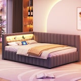 thumbnail of Polsterbett 140x200 mit LED-Beleuchtung, USB-Anschluss und Samtbezug – L-förmiges Design, stabiler Lattenrost, verstellbares Kopfteil, Grau
