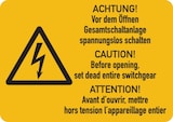 thumbnail of Warnschild, Gesamtschaltanlage spannungslos schalten (3-sprachig), Folie - ISO 7010 - 105x74 mm Folie selbstklebend