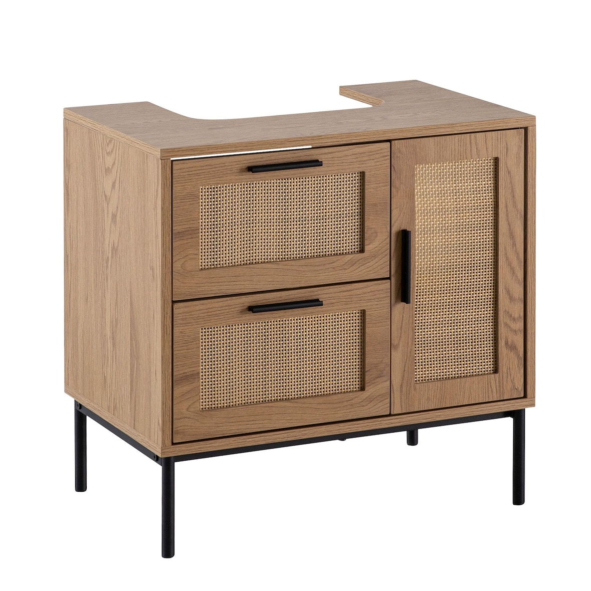 Waschbeckenunterschrank Eiche-Optik 60x60x40 cm mit Tür und Schubladen, Badezimmerschrank mit Rattangeflecht, Unterschrank Stehend, Badschrank