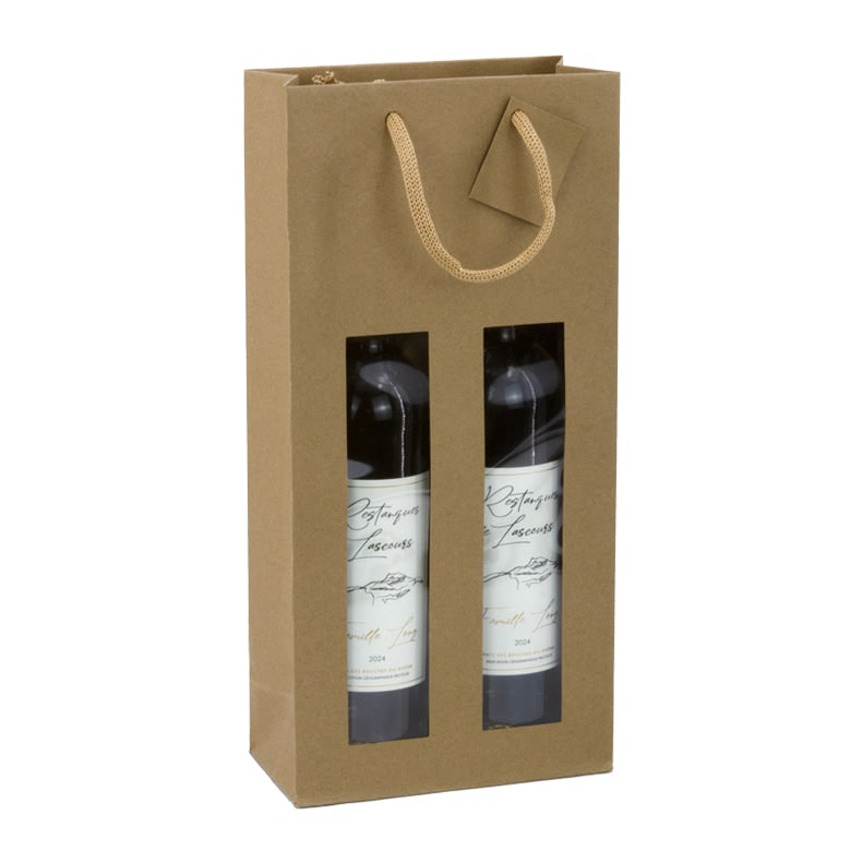 Bolsa para 2 botellas con ventana de kraft marrón con asas de cordón por 100 - Gimex
