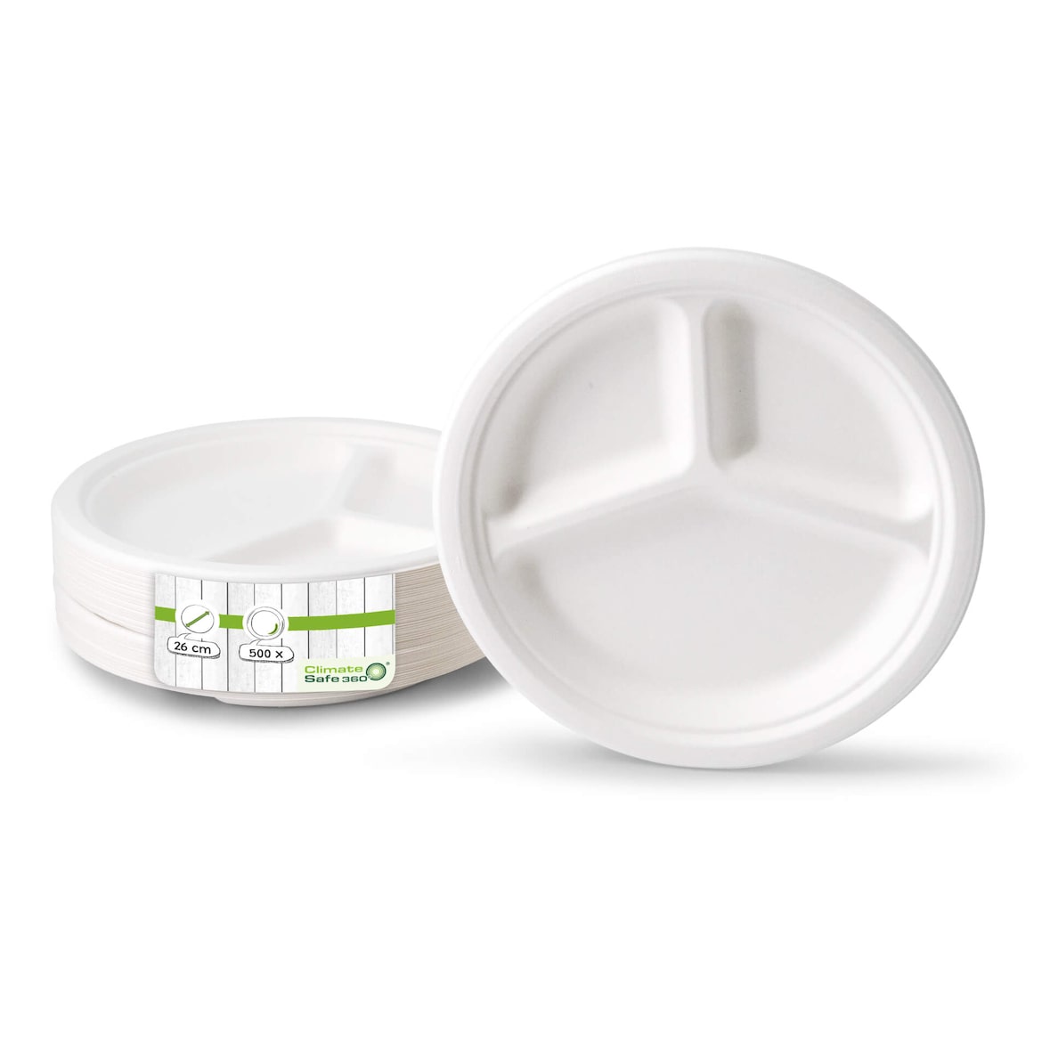 greenbox - Menüteller aus Zuckerrohr Ø 26 cm, 3 Kammern, rund, 500 St.