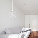 thumbnail of Sospensione 1 Luce Morgana Paralume A Gabbia In Acciaio Bianco E Legno Naturale