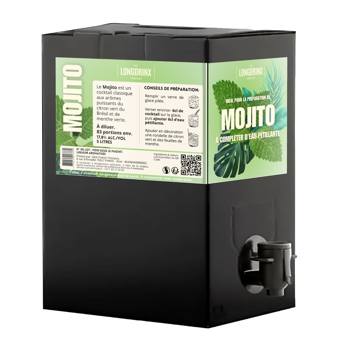 LONGDRINX - MOJITO CUBI 5 litres - Cocktail MOJITO à compléter d'eau pétillante - 17,8% alc.
