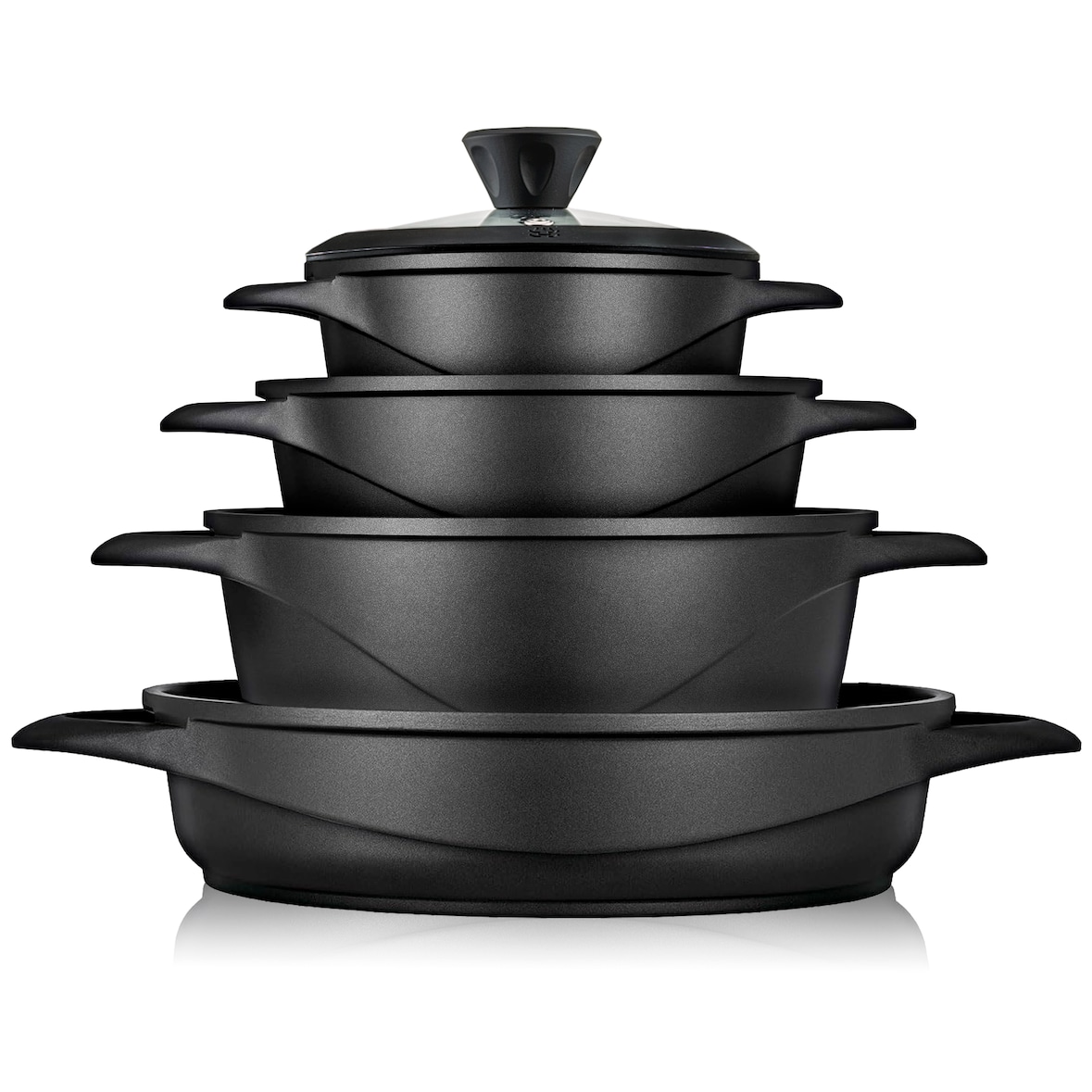 Briebe MGK-17S Batería de Cocina Inducción 8 Piezas Aluminio Fundido 4 Ollas con Tapa de Cristal Antiadherente