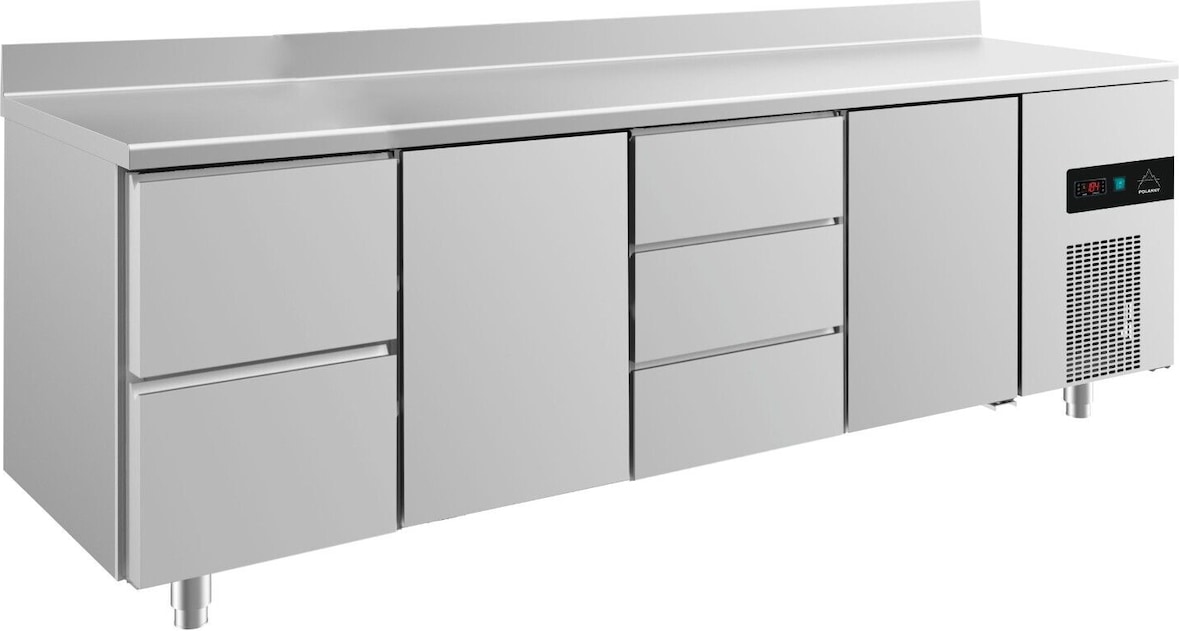 Kühltisch 2 Schubladen links 3 Schubladen mittig je 1 Tür mittig &rechts Aufkantung, 2330x700x850mm -2/+8°C 632l