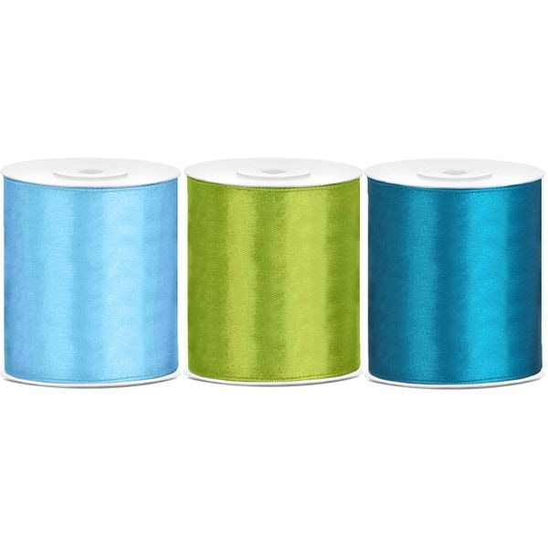 Satin Geschenkband 100mm 3 Farben je 25m lang grün türkis hellblau Schleifenband Geschenkverpackung Geburtstag Hochzeit Weihnachten