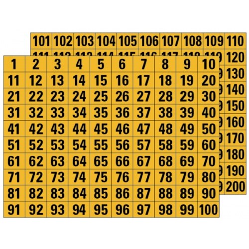 Klebezahlen 1-200, schwarz/gelb, 15x20mm - 235x185 mm Folie selbstklebend