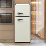 thumbnail of Zweitüriger Kühlschrank 92 L 105×41×45cm freistehend leise energieeffizient D-Klasse mit LED-Licht und verstellbaren Ablagen Antikweiß