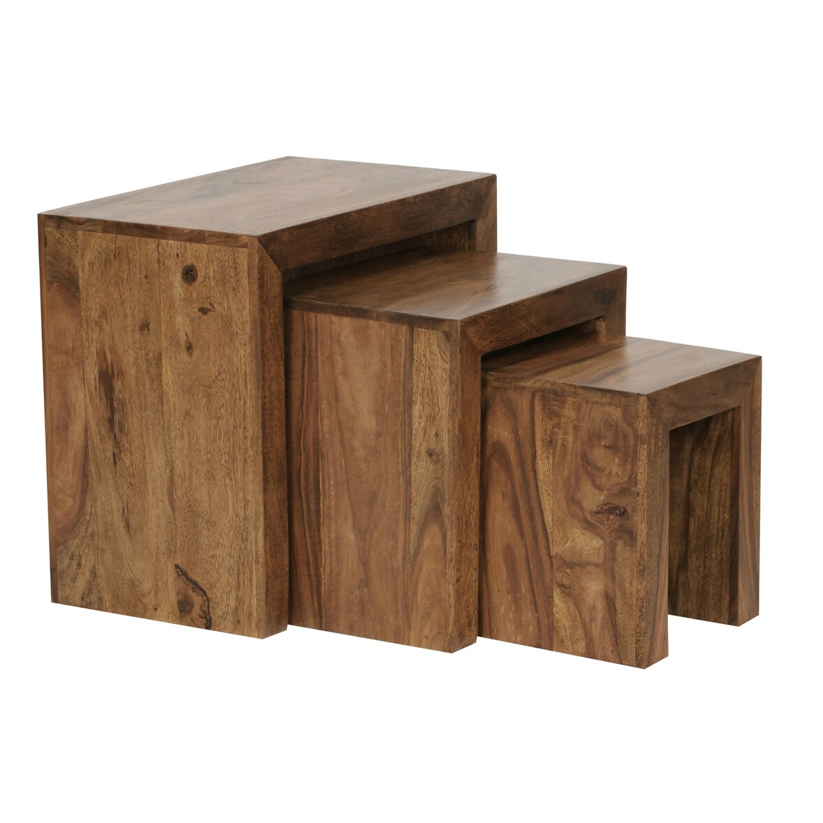Satztisch Set: 3-teilig, Massivholz, platzsparend, handgefertigt, 45x50x30 cm, 37,5x37,5x28 cm, 30x25x25 cm. Braun | Kadima Design