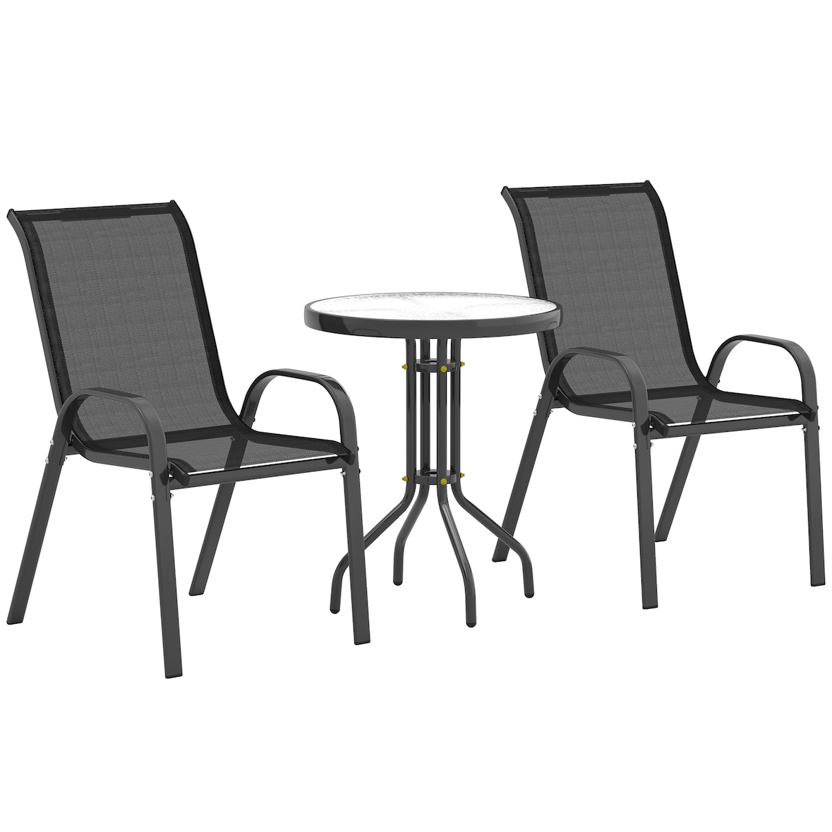 Outsunny conjunto de mesa y sillas de terraza exterior de 3 piezas muebles de jardín exterior con sillas apilables encimera de vidrio negro