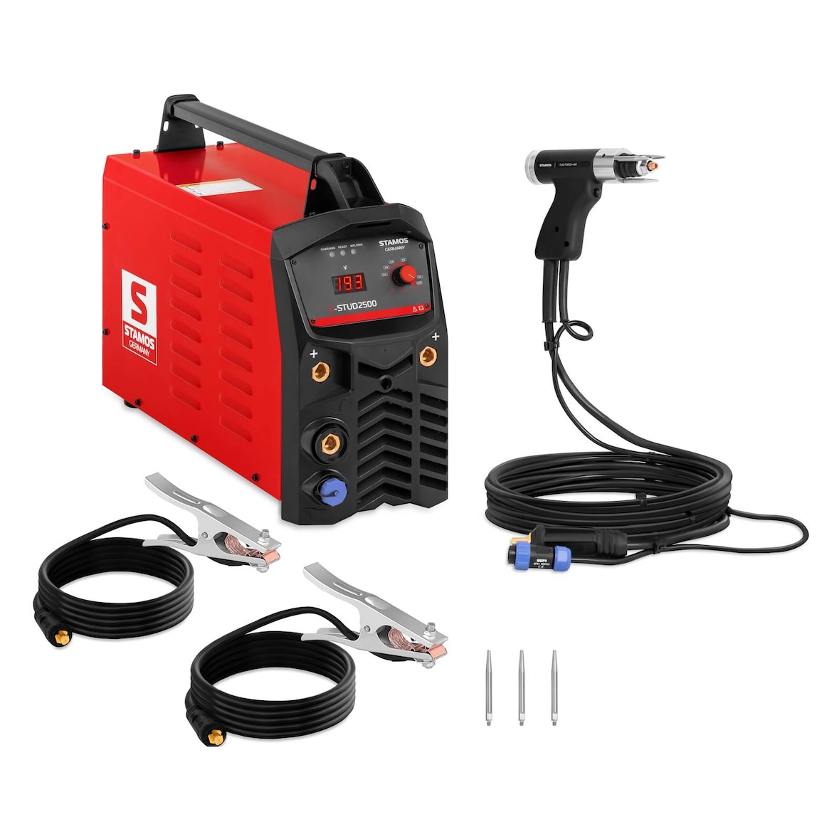 Stamos Germany Equipo de soldadura de pernos S-STUD2500: soldadura de alta eficiencia, almacenamiento de energía de 2.500 J, capacidad de 108.000 µF