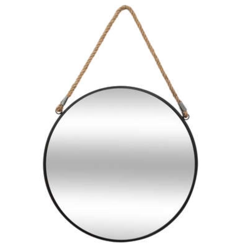 Miroir Rond en métal  Noir avec corde D 55 cm